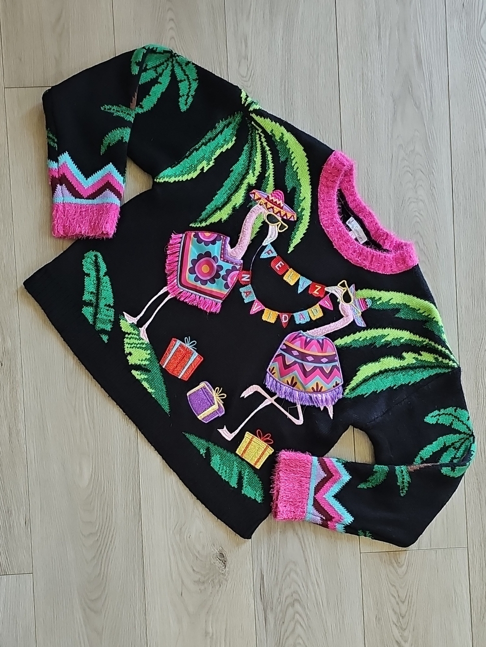 Jolly Sweaters Ugly Christmas Beach Flamingo Party Sweater, Large